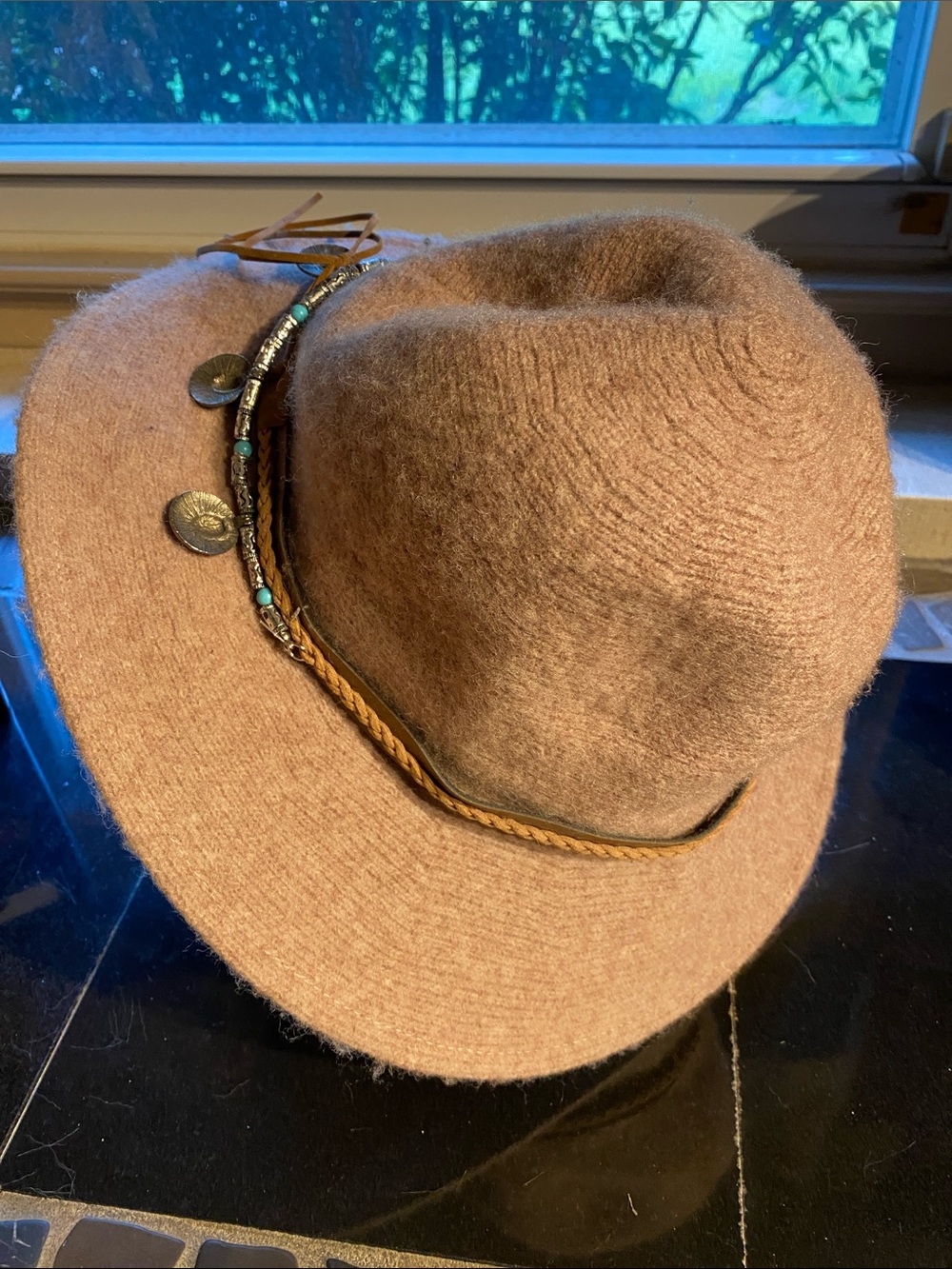Altar'd State Tan Wool Felt Fedora with Beaded and Coin Trim